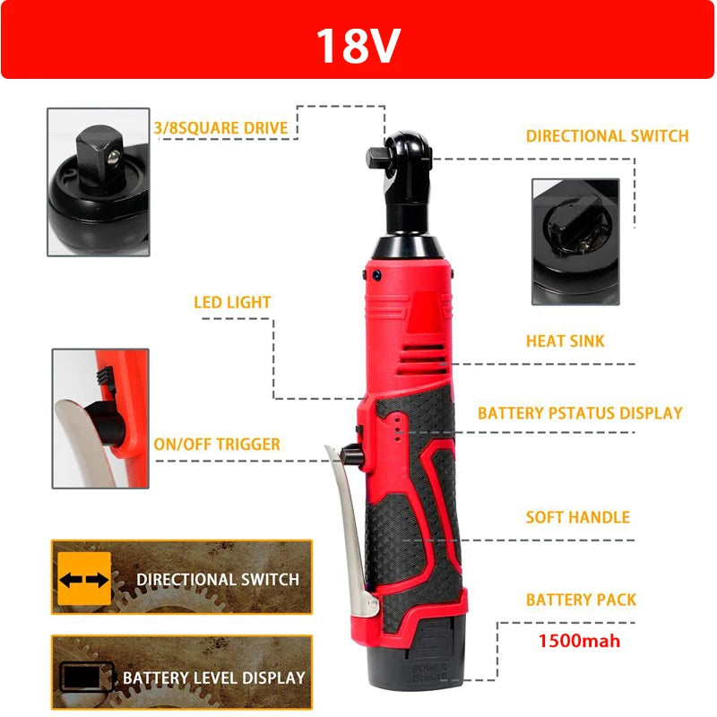 12V/18V Impact Wrench Cordless Rechargeable Electric Wrench 3/8 Inch Right Angle Ratchet Wrenches Impact Driver Power Tool - Image 2