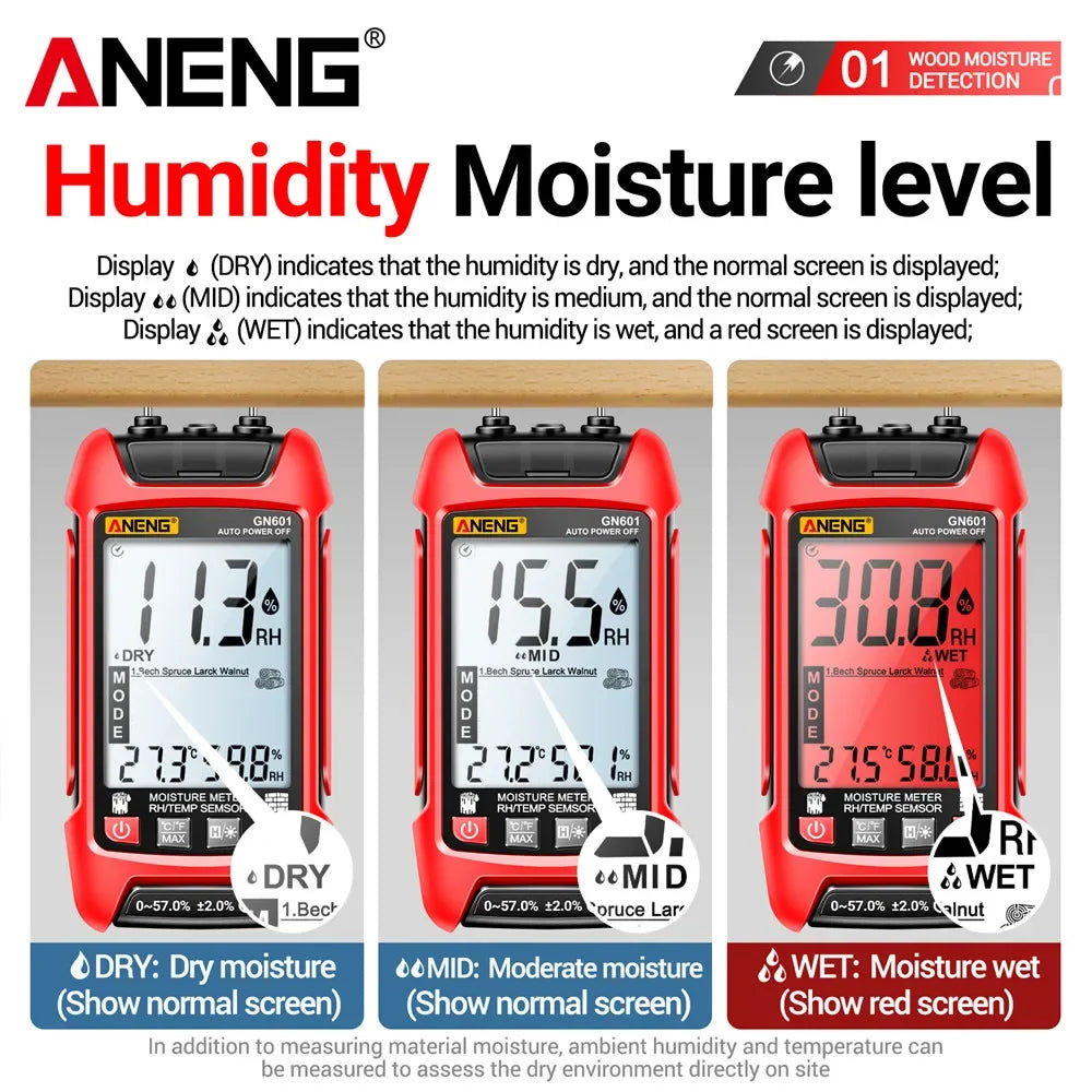ANENG GN601 Digital Wood Moisture Meter 0~99.9% Timber Hygrometer Meter Multiscene Measure Temperature Humidity Probe Testers - Image 4