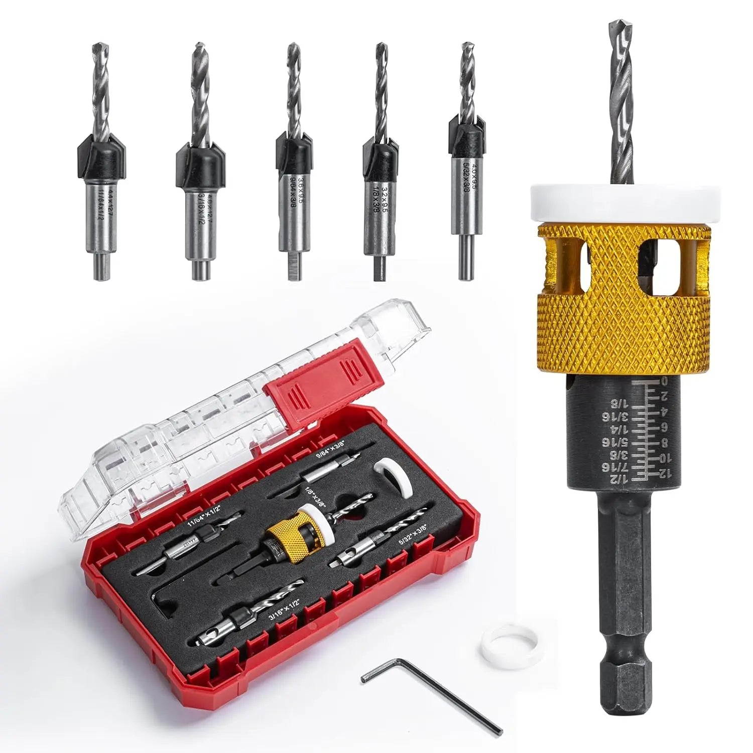 5pcs Countersink Drill Bit Set with Low Friction Depth Stop HSS M2 Tapered Drill Woodworking Tool with Carrying Case Countersink