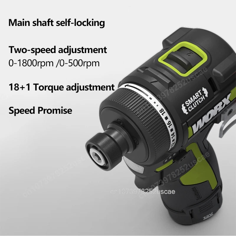 Worx WU139 Cordless Screwdriver Dual Speed 50Nm 12v 1800rpm 18+1 Brushless Motor Adjust Torque Univeral Green 12V Battery Pack - Image 3