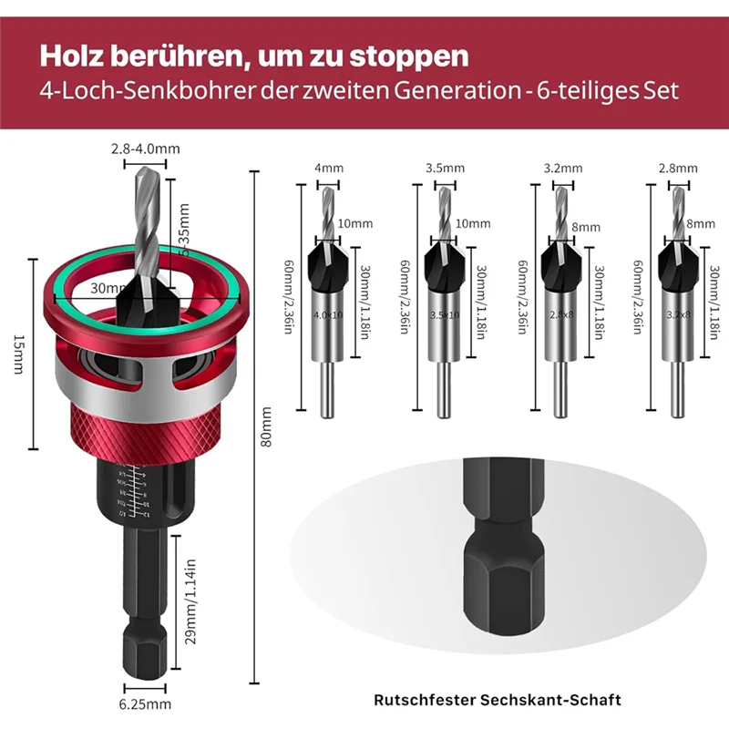 A03F-Wood Countersink Drill Bit Set 6-Piece Including Depth Stop Precision For Woodworking Drills - Image 5