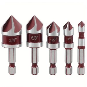 5pcs M35 Cobalt Countersink Drill Bit Set 5 Flute 82° 1/4" Hex Shank 1/4 3/8 1/2 5/8 With Holder Storage Strip for Metal Work