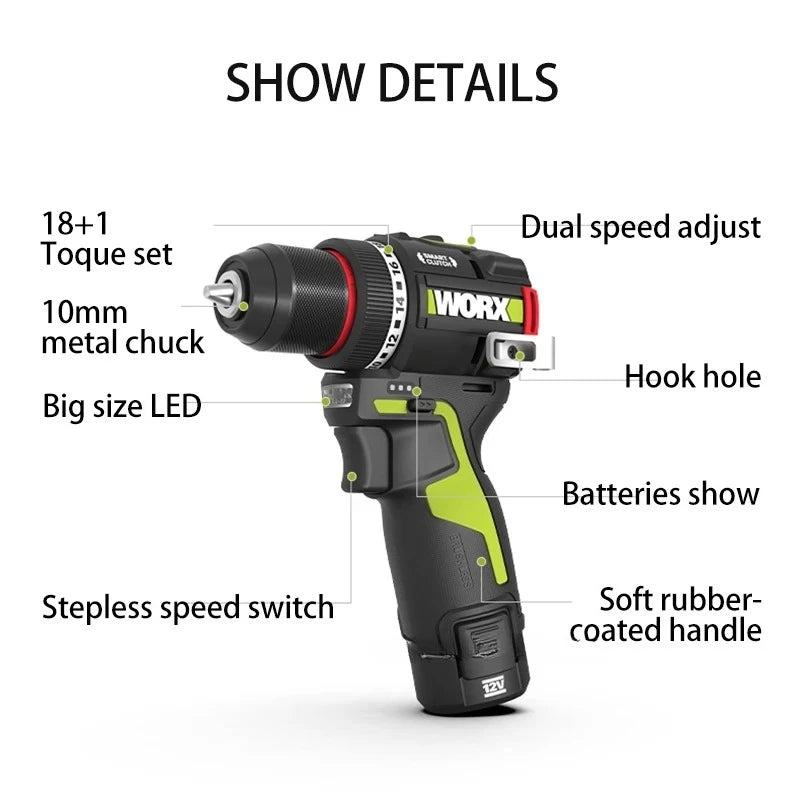 WORX WU135 Cordless Electric Drill Electric Screwdriver 12V 50N.m 1800rpm Brushless Motor Impact Drill Metalworking Smart Cutch - Image 2