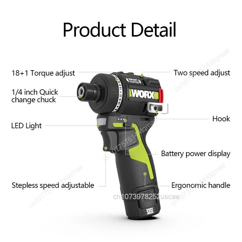 Worx WU139 Cordless Screwdriver Dual Speed 50Nm 12v 1800rpm 18+1 Brushless Motor Adjust Torque Univeral Green 12V Battery Pack - Image 4