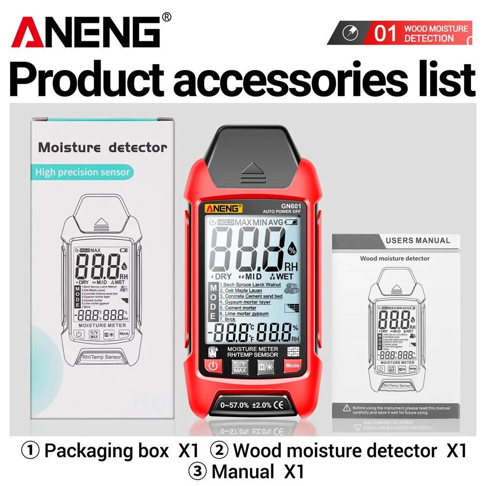ANENG GN601 Digital Wood Moisture Meter 0~99.9% Timber Hygrometer Meter Multiscene Measure Temperature Humidity Probe Testers - Image 7
