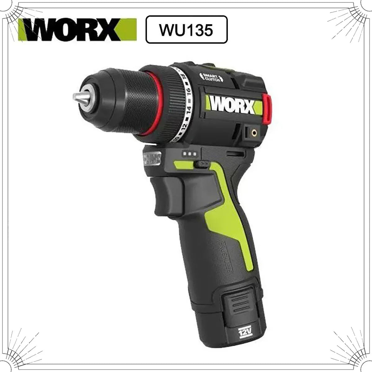 WORX WU135 Cordless Electric Drill Electric Screwdriver 12V 50N.m 1800rpm Brushless Motor Impact Drill Metalworking Smart Cutch