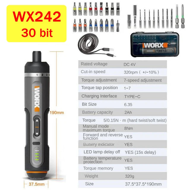 Worx 4V Electrical Screwdriver Set WX242 Smart Cordless Electric Screwdrivers USB Rechargeable Handle 30 Bit Sets Tools - Image 6