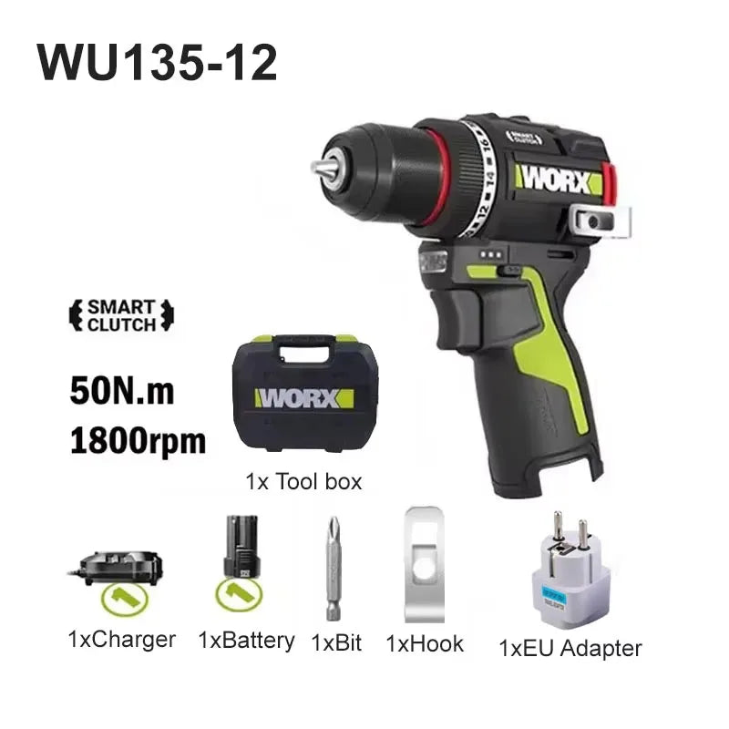 WORX WU135 Cordless Electric Drill Electric Screwdriver 12V 50N.m 1800rpm Brushless Motor Impact Drill Metalworking Smart Cutch - Image 7