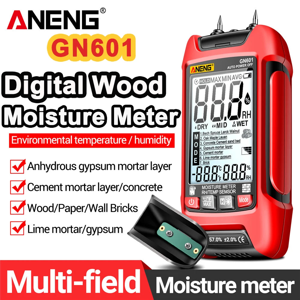 ANENG GN601 Digital Wood Moisture Meter 0~99.9% Timber Hygrometer Meter Multiscene Measure Temperature Humidity Probe Testers
