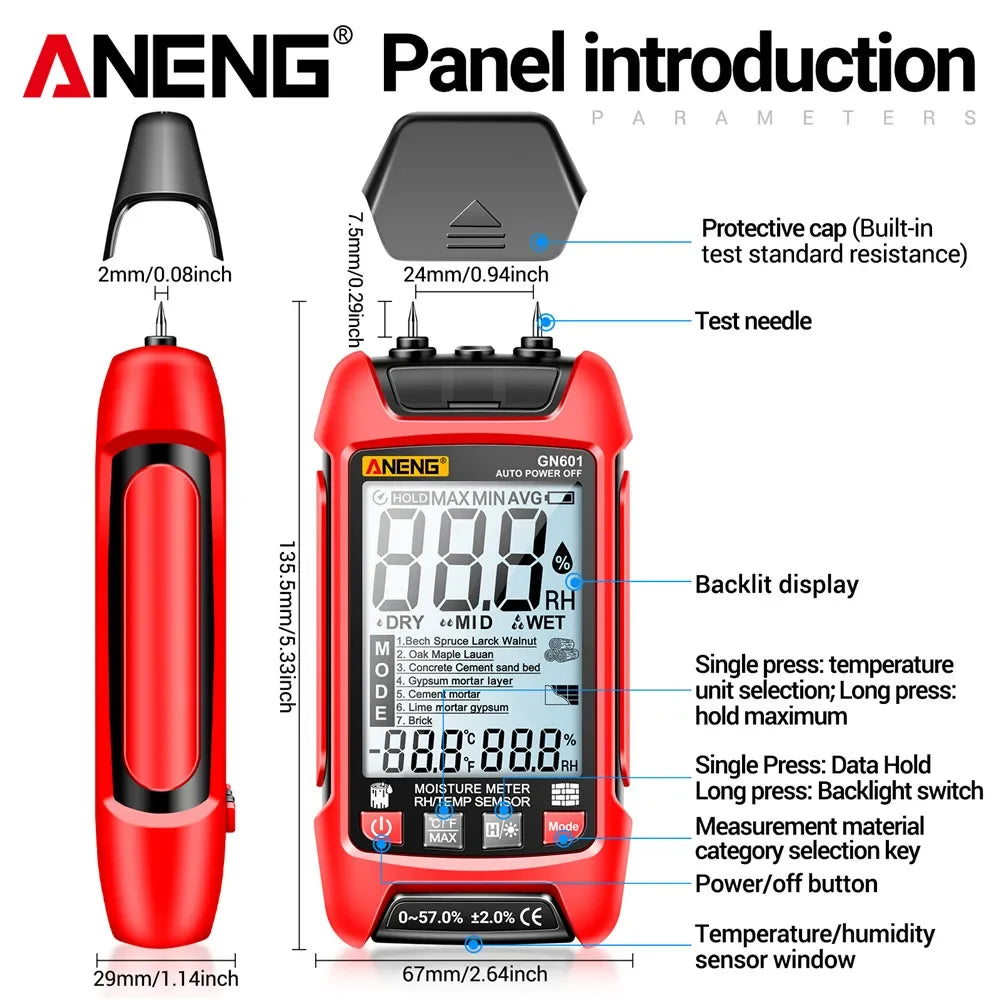 ANENG GN601 Digital Wood Moisture Meter 0~99.9% Timber Hygrometer Meter Multiscene Measure Temperature Humidity Probe Testers - Image 6